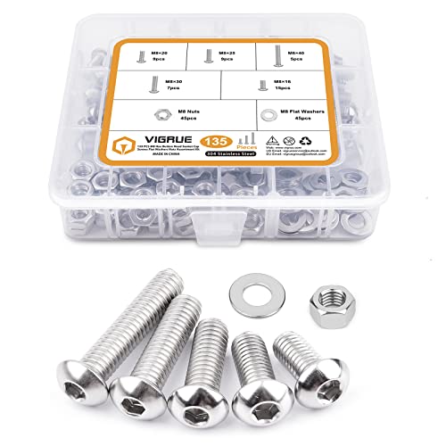 M8-1.25 x 16/20/25/30/40mm Button Head Socket Cap Screws VIGRUE 135PCS M8 Allen Hex Drive Screws Nuts Washers Assortment Kit 18-8 Stainless Steel 304, Bright Finish, Fully Threaded - size: m8 button stainless 16-40mm