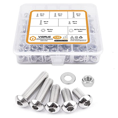 M8-1.25 x 16/20/25/30/40mm Button Head Socket Cap Screws VIGRUE 135PCS M8 Allen Hex Drive Screws Nuts Washers Assortment Kit 18-8 Stainless Steel 304, Bright Finish, Fully Threaded - size: m8 button stainless 16-40mm