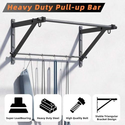 ZHNSDYN Wall Mounted Pull Up Bar with 500LBS Capacity for Gym Home | Adjustable Depth, 4 Hooks, Heavy Duty, Strength Training, Easy Install, Chin Up Bar for Doorway