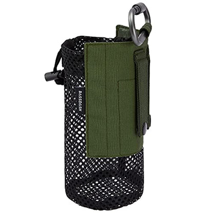 BASSDASH Tactical Molle Water Bottle Pouch with Carabiner Foldable Mesh Holder Bag for Travel Fishing Hunting Hiking Outdoor Activities - color: Army Green with Molle Straps