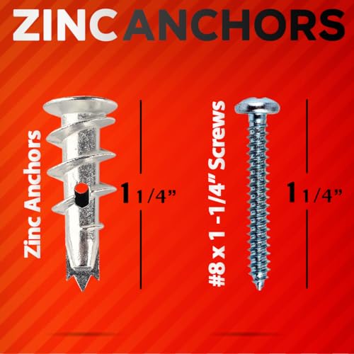 CrimsonMark 120Pcs Zinc Self Drilling Drywall Anchors and Screws kit #8 x 1-1/4”- Metal Wall Anchors for Drywall Heavy Duty, Holds Upto 50lbs – No Drill Hole Required with Dry Wall Screws and Anchors - size: Zinc Metal