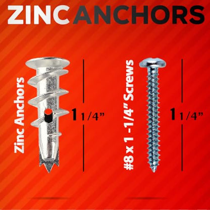 CrimsonMark 120Pcs Zinc Self Drilling Drywall Anchors and Screws kit #8 x 1-1/4”- Metal Wall Anchors for Drywall Heavy Duty, Holds Upto 50lbs – No Drill Hole Required with Dry Wall Screws and Anchors - size: Zinc Metal
