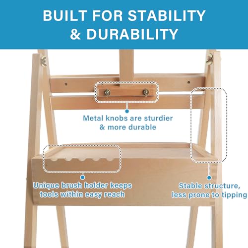 Large Beechwood H-Frame Studio Easel Stand with Storage Drawer, Natural | Height Adjustable to 35Inches High, Suitable for Painting, Sketching and Displaying - style: Basic Natural