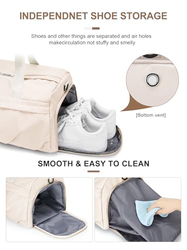 Gym Bag for Women Men, Sport Duffel Bag with Toiletry Bag & Shoe Compartment,Waterproof Travel Weekender Overnight Carry on Bag for Yoga with Trolley Sleeve, Beige Set - color: A6-Beige Set