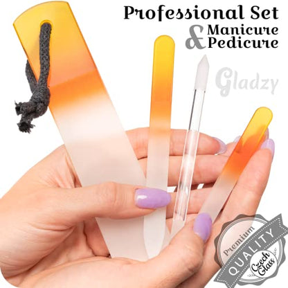 GLADZY Genuine Czech Glass Nail File Set - Callus Remover Foot Rasp, Cuticle Pusher Manicure Stick, Double Sided Etched Different Grit Surface, Professional Nail Care Tool, Made in EU - color: All-in-one Set - Yellow Orange