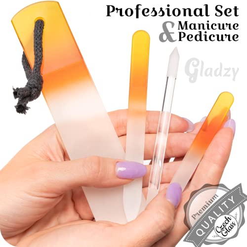 Genuine Czech Glass Nail File Set - Callus Remover Foot Rasp, Cuticle Pusher Manicure Stick, Double Sided Etched Different Grit Surface, Professional Nail Care Tool, Made in EU - color: All-in-one Set - Yellow Orange