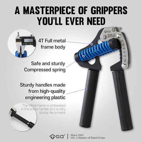 GD IRON GRIP 70 Grip Strength Trainer Hand Gripper Forearm Strengthener | Adjustable 44~154lbs Resistance, hand finger exerciser, forearm trainer squeezer, hand strengthening devices, Metal Hand Grip