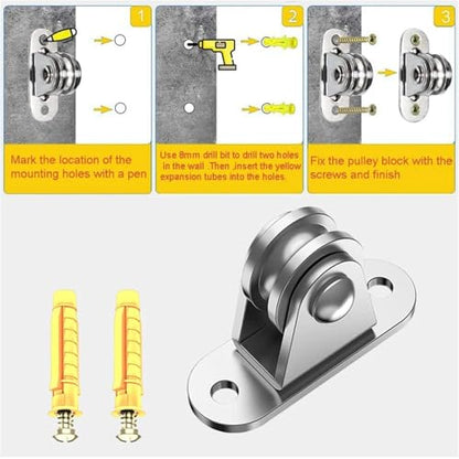 U Groove Stainless Steel Wall Pulley 2Pcs Heavy Duty Fixed Pulley Loading 176 Lb Pulley Block Kit Wall-Mounted Pulley for Cord Material Handling Moving/DIY Mount