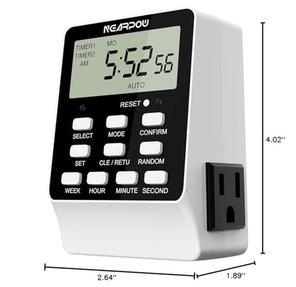 Outlet Timer, NEARPOW Dual Digital Light Timer with 2 Independently-controlled Outlets, 18 ON/OFF Programs, 24-Hour and 7-Day Programmable,Indoor Heavy Duty Electrical Timer Switch, 3 Prong, 15A/1800W | 18 ON/OFF Programs, 24-Hour Weekly Heavy Duty 15A/18