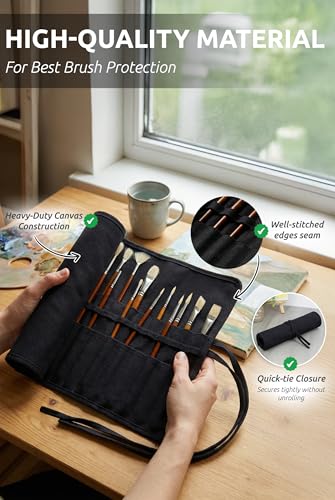 DUGATO 30-Slot Roll-Up Canvas Brush Holder, Black Paint Brush Case | Durable Canvas Organizer for Artists, Portable Travel Design, Fits Brushes & Art Supplies (Brushes not Included) - color: Black