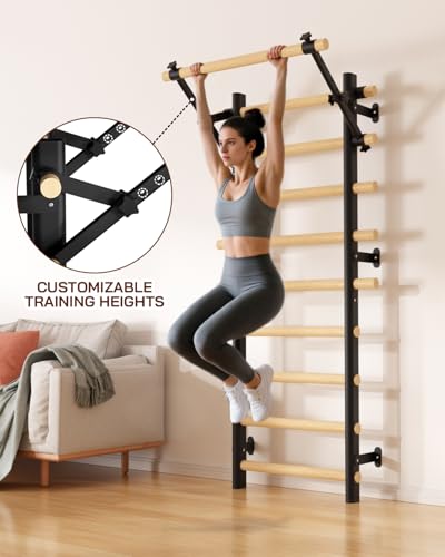 Swedish Ladder Wall Gym, Wooden Wall-Mounted Stall Bars with Pull-up Bar & Exercise Straps & Dip Bars, Stretching Ladder Full Body Home Gym Adults New - color: Black