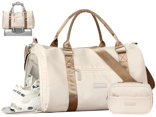 FIORETTO Womens Gym Tote Duffle Bag with Toiletry Bag, Sports Duffel Overnight Hospital Workout Carry on Bag for Girls with Wet Pocket & Shoe Compartment, Ideal for Travel, Swimming, Beige & Brown - color: Beige & Brown, style: Gym Bag With Toiletry Bag