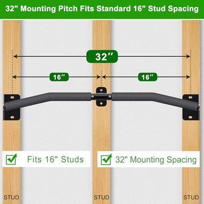 SELEWARE 32"/36" Wall Mount Pull Up Bar Joist Mount Chin Up Bar for Doorway | Heavy Duty Steel Construction Support 450 lb, w/Resistance Band Hooks, Fits 32"/36" Wall Studs for Home Gym Strength Training - size: B: 32" x 1.6" Dia Grip