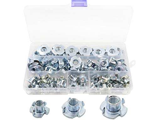 LBY 75-Piece T-Nut Assortment Kit (1/4", 5/16", 3/8") - Four-Claw Design, Carbon Steel, Galvanized (Silvery)
