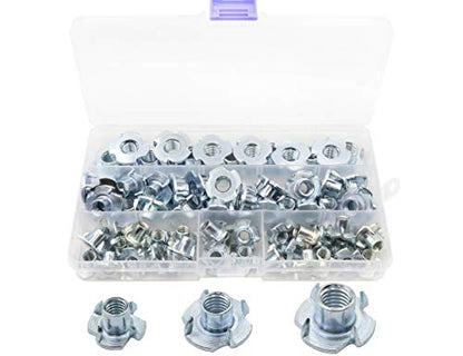 LBY 75-Piece T-Nut Assortment Kit (1/4", 5/16", 3/8") - Four-Claw Design, Carbon Steel, Galvanized (Silvery)