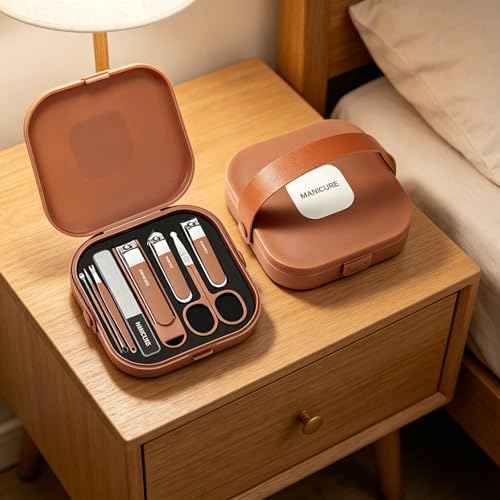 8-in-1 Manicure Pedicure Set,Professional Nail Clipper Kit with Upgraded Splash-Proof Nail Cutters,Stainless Steel Nail Care Tools with Brown Portable Travel Case for Men & Women(Brown)