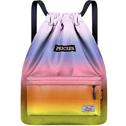 Peicees Waterproof Drawstring Sport Bag Lightweight Sackpack Backpack for Men and Women | Waterproof - color: Y_rainbow