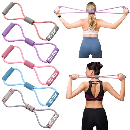 Soulchen 5 Pack Figure 8 Resistance Bands with Handles 10 Lbs-25 Lbs-35 Lbs-40 Lbs-50 Lbs Elastic Bands for for Arm and Shoulder Stretch, Workout for Women Men - color: Color Scheme 3, style: Practical