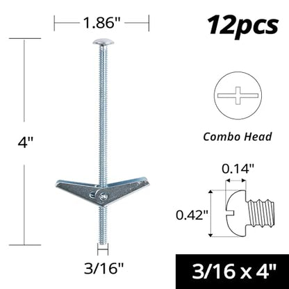 HASWARE Toggle Bolt Zinc Plated Steel and Wing Nut for Hanging Heavy Items on Drywall 3/16x4 (12 Pack) - size: 3/16x4" (12 Pack)