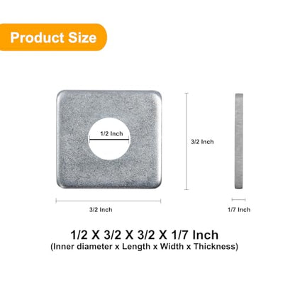 50 Pcs Galvanized Square Washer Plate Fastener Hardware 1/2(ID) X 3/2 X3/2 (Square OD) X 1/7 (THK) inch for 7/16 Bolt - size: 1/2(ID) X 3/2 X3/2 (Square OD) X 1/7 (THK), style: Galvanized