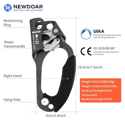 UIAA & CE Certified Hand Ascender Rock Climbing Tree Arborist Rappelling Gear Equipment Rope Clamp for 8~13MM Rope - color: Grey-Right