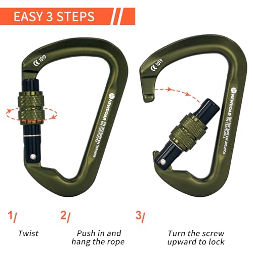 NewDoar CE Certified 30kN-6744lbs Climbing Carabiner Professional, Heavy Duty D Screwgate Clip, for Climbing,Rappelling,Hunting, Rescue - color: Screwgate/ArmyGreen/2pcs