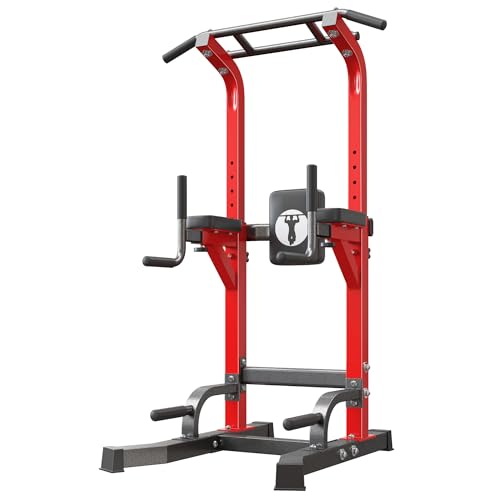 SogesHome Multifuntional Power Tower Pull Up Bar Dip Station for Home Gym | Adjustable Height 65.7"-87" Exercise Workout Machine with Comfort Pads & Anti-Slip Grips for Full Body Strength Training - color: Red