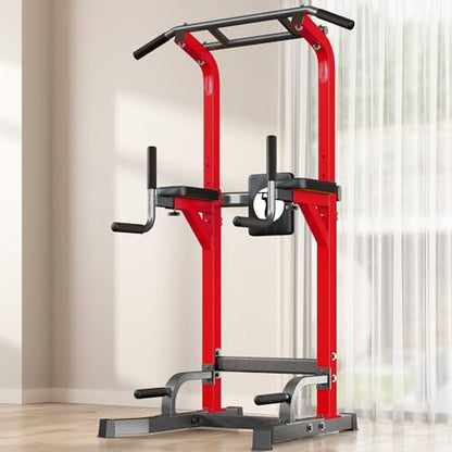 SogesPower Power Tower Pull Up Bar Station Multi-Function Dip Station | Adjustable Height Pull Up Dip Station Dip Bar Strength Training Fitness Equipment,Up to 500LBS - color: Red