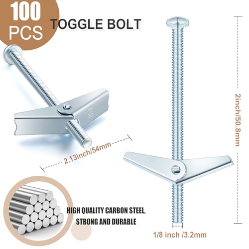 Yaocom 100 Pcs 1/8" x 2" Toggle Bolts Butterfly Screws Anchors Heavy Duty Wall Anchors for Drywall with Wing Nuts for Hanging Heavy Objects on Drywall - size: 1/8" X 2"