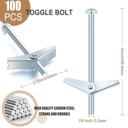 Yaocom 100 Pcs 1/8" x 2" Toggle Bolts Butterfly Screws Anchors Heavy Duty Wall Anchors for Drywall with Wing Nuts for Hanging Heavy Objects on Drywall - size: 1/8" X 2"