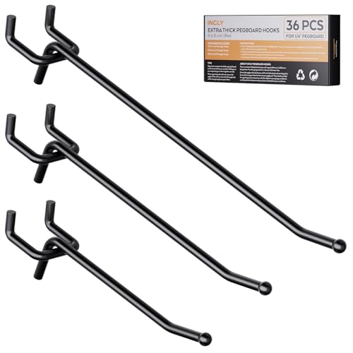 INCLY 36 Pack 4/6/8 Inch Heavy Duty Pegboard Hooks for Hanging Tools | Black 1/4" Peg Board Shelving Hooks Accessories, Peg Board Tool Hangers Fit 1/4" Pegboard, For Garage, Store Organization - size: 36PCS