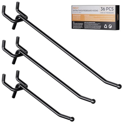 INCLY 36 Pack 4/6/8 Inch Heavy Duty Pegboard Hooks for Hanging Tools | Black 1/4" Peg Board Shelving Hooks Accessories, Peg Board Tool Hangers Fit 1/4" Pegboard, For Garage, Store Organization - size: 36PCS
