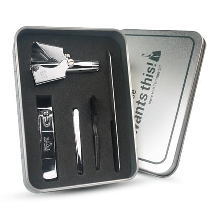 ROYAL [Made in Korea] Nose Hair Trimmer for Men Set, Birdie Set, with Nail Clippers and Tweezers, Manual, Battery-Free, Waterproof, Painless with Twelve Dual-Edged Blades, Patented Mechanism RET-4 - color: Silver Set