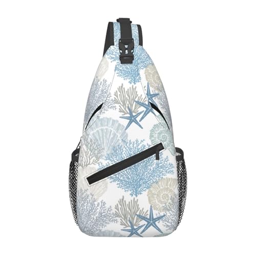 Abstract Marine Theme Crossbody Sling Bag for Women Men Nautical Coastal Starfish Seashell Mollusk Coral Sling Backpack Casual Shoulder Bag Cute Hand Drawn Underwater Plants Hiking Daypack - color: Blue Grey