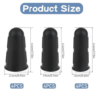 Silicone Finger Protectors, 12Pcs 3 Sizes Rubber Fingers Tips Finger Covers Thumb Finger Guard Sleeves Thimbles Cots Protectors for Hand Sewing, Hot Melt Glue, Embroidery, Cutting, Ironing (Black)