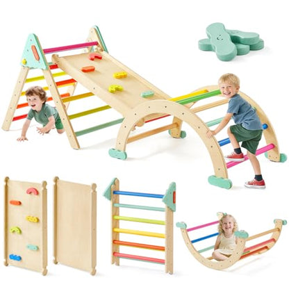 Tiny Land Pikler Triangle Set,7-in-1 Foldable Montessori Climbing Toys | Indoor Wooden Playground Jungle Gym for Kids, Climber Gift for Boys & Girls Toddler Climbing Toys (Rainbow)