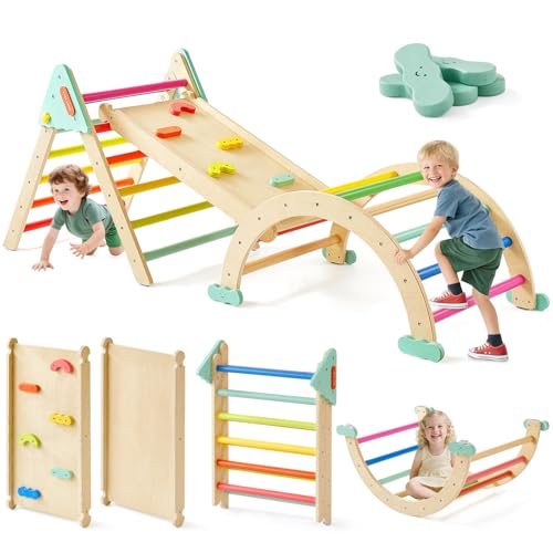 Tiny Land Pikler Triangle Set,7-in-1 Foldable Montessori Climbing Toys | Indoor Wooden Playground Jungle Gym for Kids, Climber Gift for Boys & Girls Toddler Climbing Toys (Rainbow)