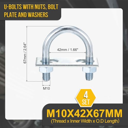 DTGN M10x42x67mm U Bolts Round Kit - 4Set - Carbon Steel U-Bolt Kit with Nuts, Washers, Frame Plate - Good for Pipe, Trailer, Automotive, Leaf Spring Fastener - size: M10x42x67mm
