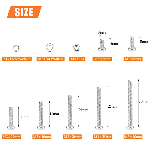 HELIFOUNER 540 Pieces M3 x 6mm /8mm /12mm /16mm /20mm /25mm /30mm, Phillips Pan Head Machine Screws, Metric Screws Bolts Washers Nuts Kit, 304 Stainless Steel - size: M3, style: Phillips Pan Head Machine Screws