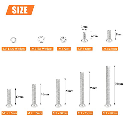 HELIFOUNER 540 Pieces M3 x 6mm /8mm /12mm /16mm /20mm /25mm /30mm, Phillips Pan Head Machine Screws, Metric Screws Bolts Washers Nuts Kit, 304 Stainless Steel - size: M3, style: Phillips Pan Head Machine Screws