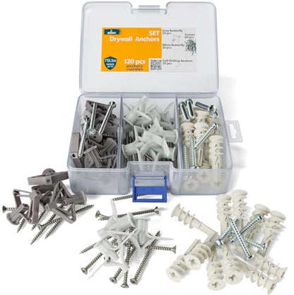 ALBO Drywall Anchor Kit with Screws - 120 Pcs Hollow Wall Set (Grey Butterfly, White Butterfly, Self Drilling, Screws) - Plastic Anchors for Drilling Hollow Walls - color: Kit 3in1