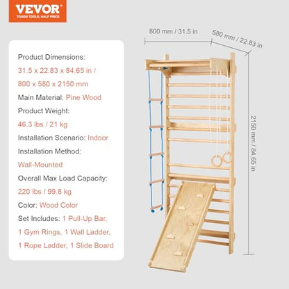 VEVOR Swedish Wall Gym, 15-Level 5 in 1 Wooden Indoor Jungle Gym, 220 lbs Load Capacity Playground Climbing Toys with Pull-Up Bar, Gymnastic Rings, Wall Ladder, Rope Ladder, and Slide Board - style: 15-Level 5 in 1