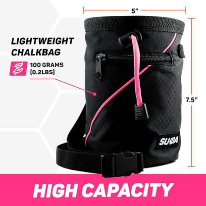 Chalk Bag for Rock Climbing - Rock Climbing Gifts Gear Accessories - Quick-Clip Belt, Large Zippered Pockets & Brush Holder - Weight Lifting, Gym, Bouldering, Disc Golf, Wall, Rock Climbing Chalk Bag - color: Sukoa Pink