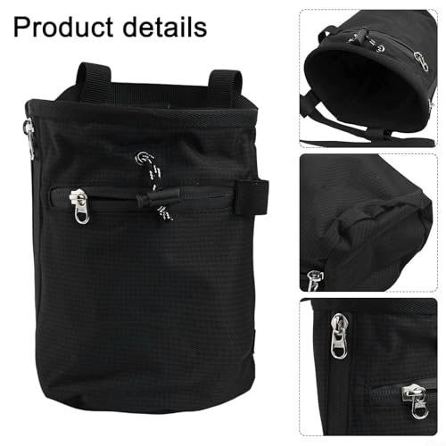 Climbing Chalk Bag, Nylon Drawstring Chalk Bucket with Waist Belt and Carabiner, Antislip Chalk Pouch for Rock Climbing, Bouldering, Weightlifting, Gymnastics(Black) - size: Black