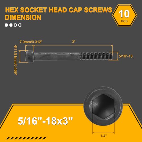 DTGN 5/16"-18x3 Socket Head Cap Screws Bolts - 10Pack - Good for Road Bicycle, Mountain Bike, Auto, Motorcycle - Carbon Steel Hex Head Metric Screws, Black - size: 5/16"-18x3"
