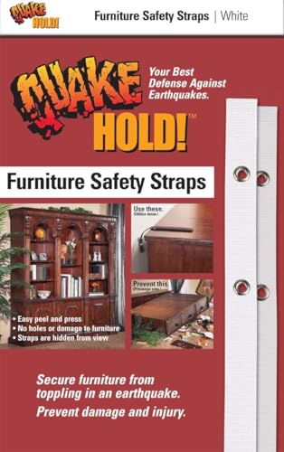 QuakeHold! Furniture Strap Kit for Earthquake Safety and Anti Tip Protection, Adjustable Furniture Wall Anchor Straps for Bookcases, Cabinets, Dressers, Entertainment Centers and Shelving, White | Adjustable Furniture Wall Anchor Straps for Earthquake Saf