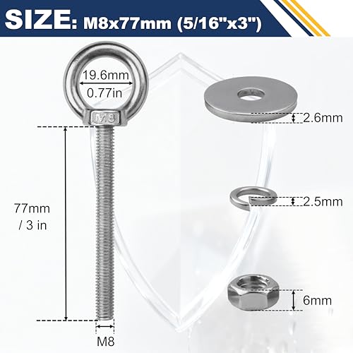 4 Pack M8 Stainless Steel Eye Bolts with Nuts,5/16" x 3" Eye Bolts | 304 Stainless Steel Eye Bolt,Eye Bolts Heavy Duty for Hang Tie Down Outdoor,m8 eye bolt,Long Lifting Ring Eye Bolt - size: M8x77mm (5/16"x3")