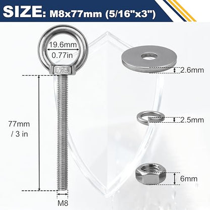 4 Pack M8 Stainless Steel Eye Bolts with Nuts,5/16" x 3" Eye Bolts | 304 Stainless Steel Eye Bolt,Eye Bolts Heavy Duty for Hang Tie Down Outdoor,m8 eye bolt,Long Lifting Ring Eye Bolt - size: M8x77mm (5/16"x3")
