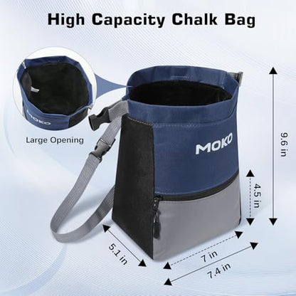 MoKo Chalk Bag for Rock Climbing, Large Capacity Climbing Chalk Bag with Magnetic Snap and Zipper Pocket, Portable Chalk Bucket for Rock Climbing, Weight Lifting, Bouldering, Gymnastics, Fitness - color: Blue