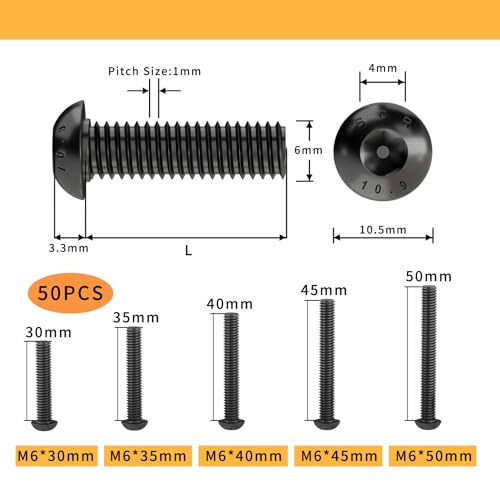 M6 x 30mm 35mm 40mm 45mm 50mm Button Head Socket Cap Screws Bolts, 10.9 Grade Alloy Steel, Metric Allen Hex Drive, Black Oxide Finish, Fully Threaded, Assortment Kit 50Pcs - size: Button Head M6x30, 35, 40, 45, 50mm(50pcs)